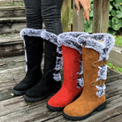 Fur trim knee-high boots in black, red or light brown for women