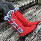 Fur trim knee-high boots in black, red or light brown for women