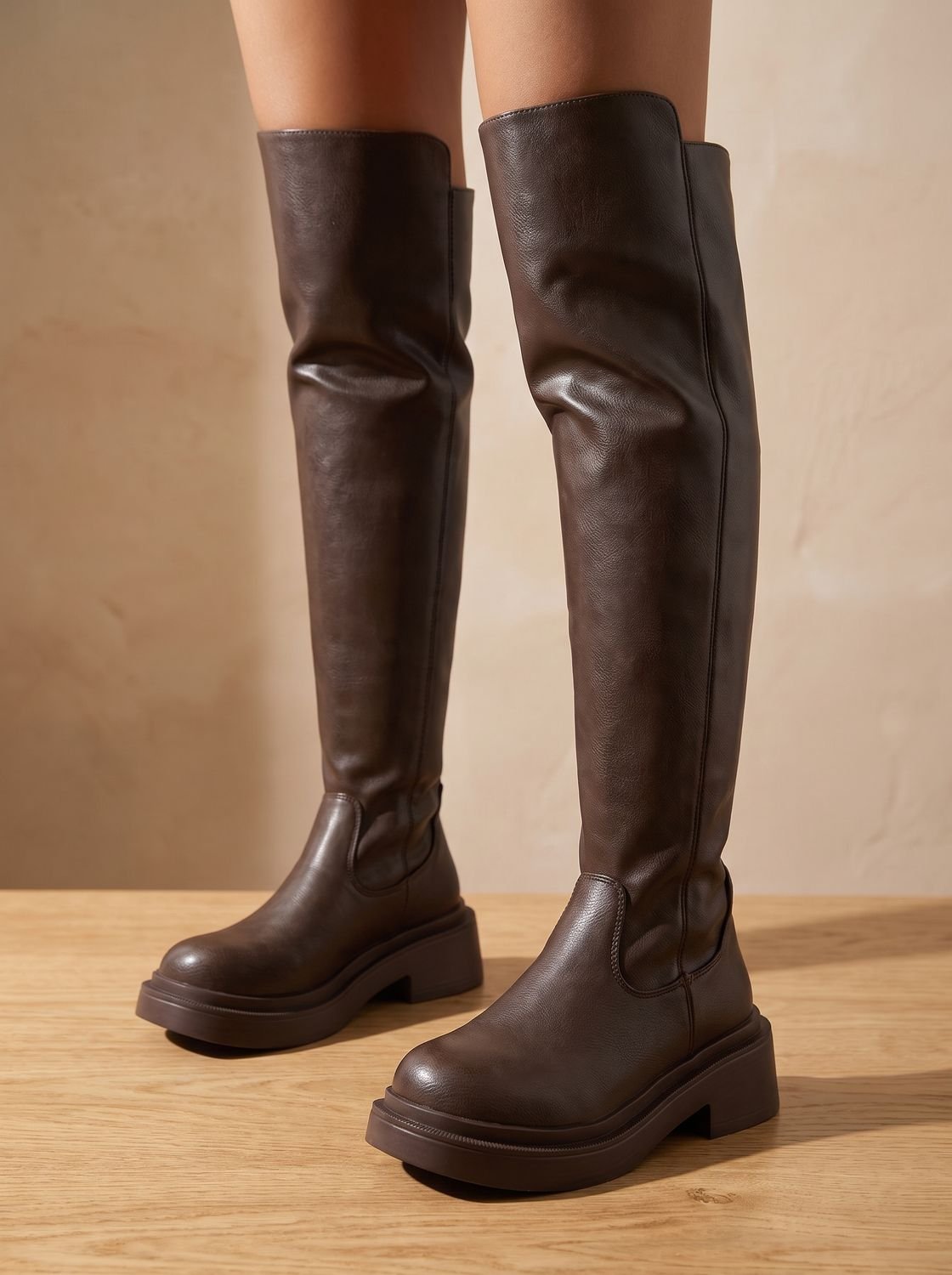 Chunky over-the-knee boots in black or brown for women