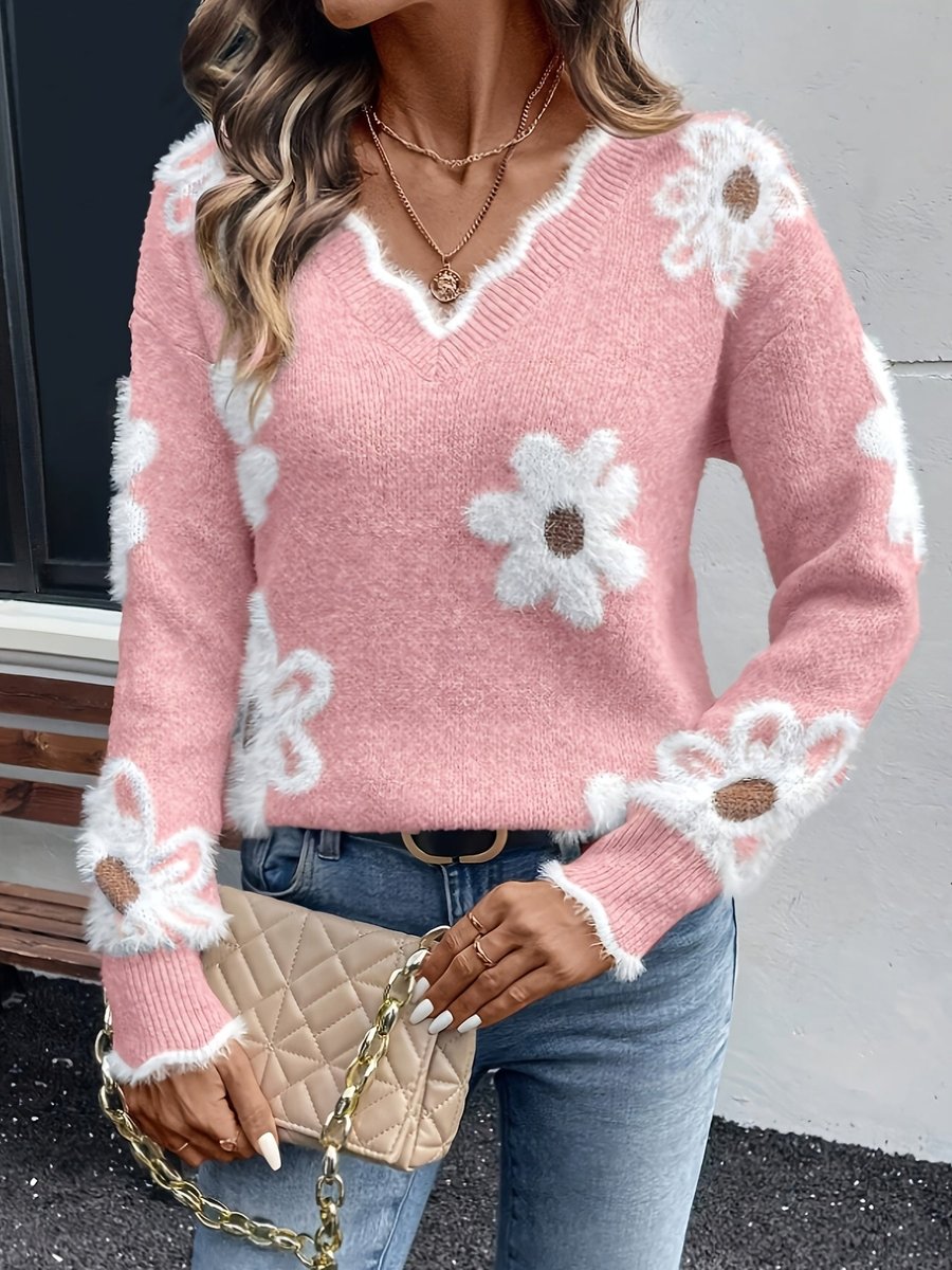 Daisy V-neck knitted sweater for women