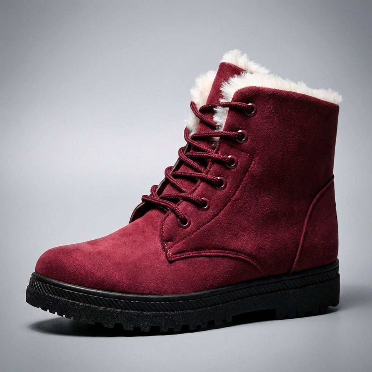 Plush-collar lace-up ankle snow boots in red for women