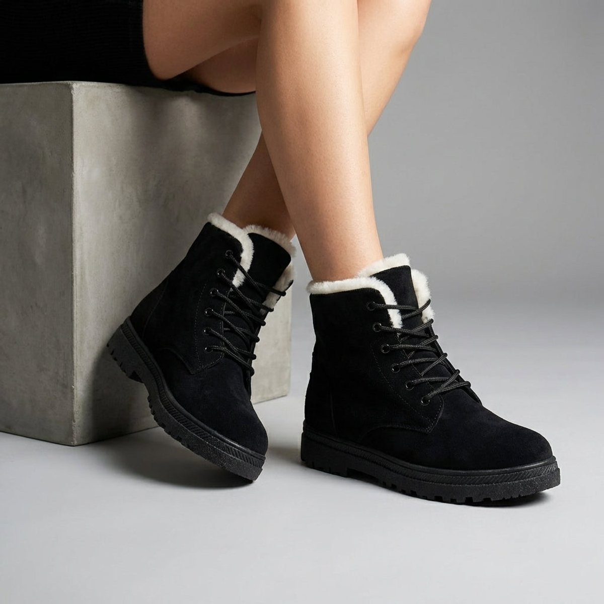 Plush-collar lace-up ankle snow boots for women