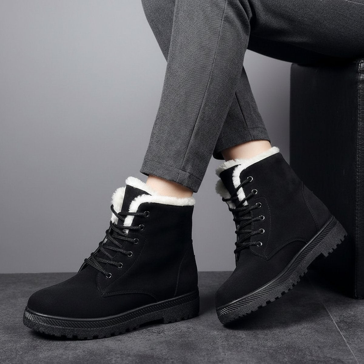 Plush-collar lace-up ankle snow boots for women