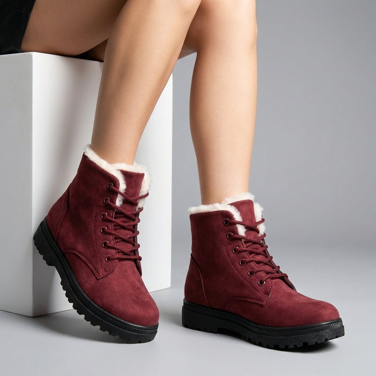 Plush-collar lace-up ankle snow boots for women