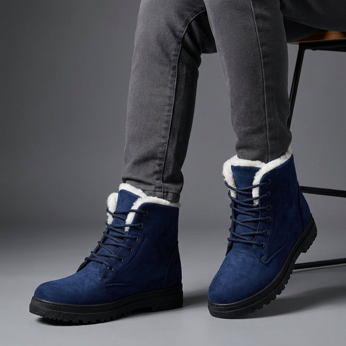 Plush-collar lace-up ankle snow boots for women