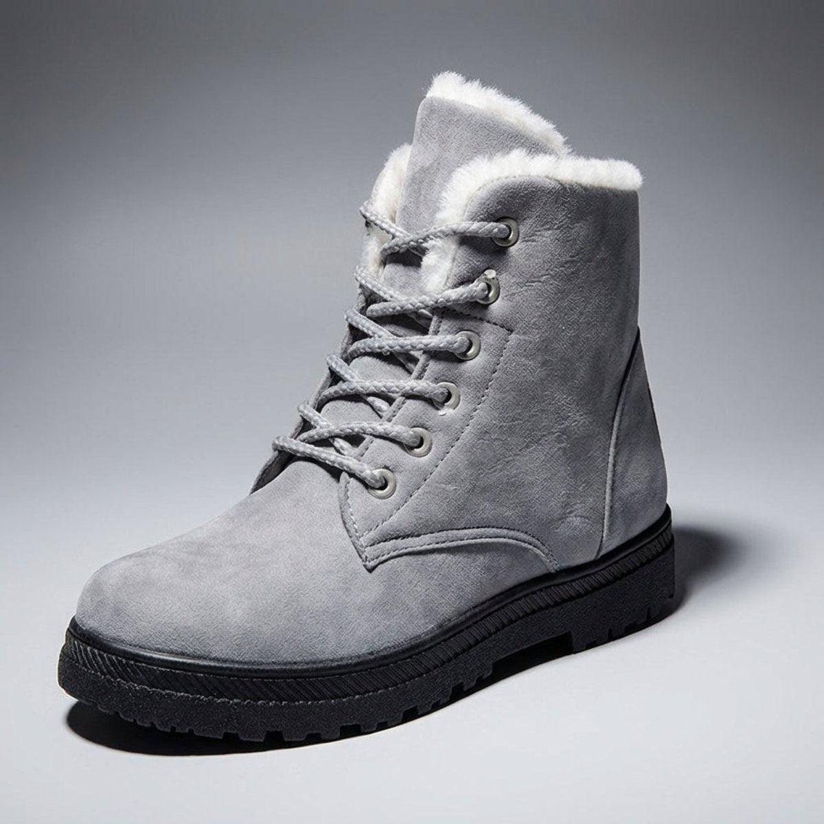 Plush-collar lace-up ankle snow boots in grey for women