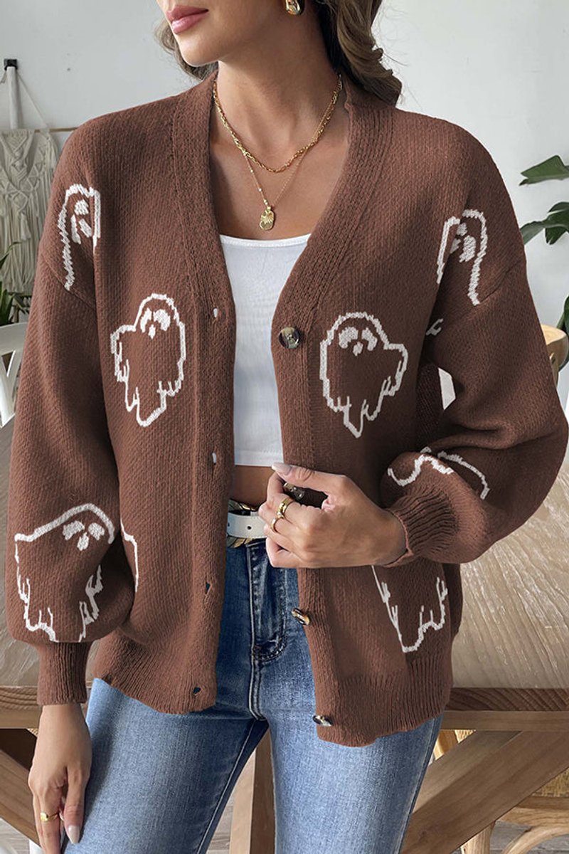 Halloween ghost button-front cardigan in coffee for women