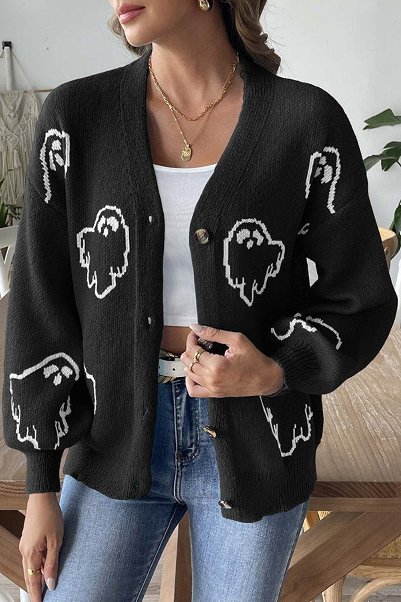 Halloween ghost button-front cardigan in black for women