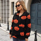 Pumpkin print fleece half-zip pullover in black for women