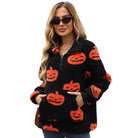 Pumpkin print fleece half-zip pullover in black for women