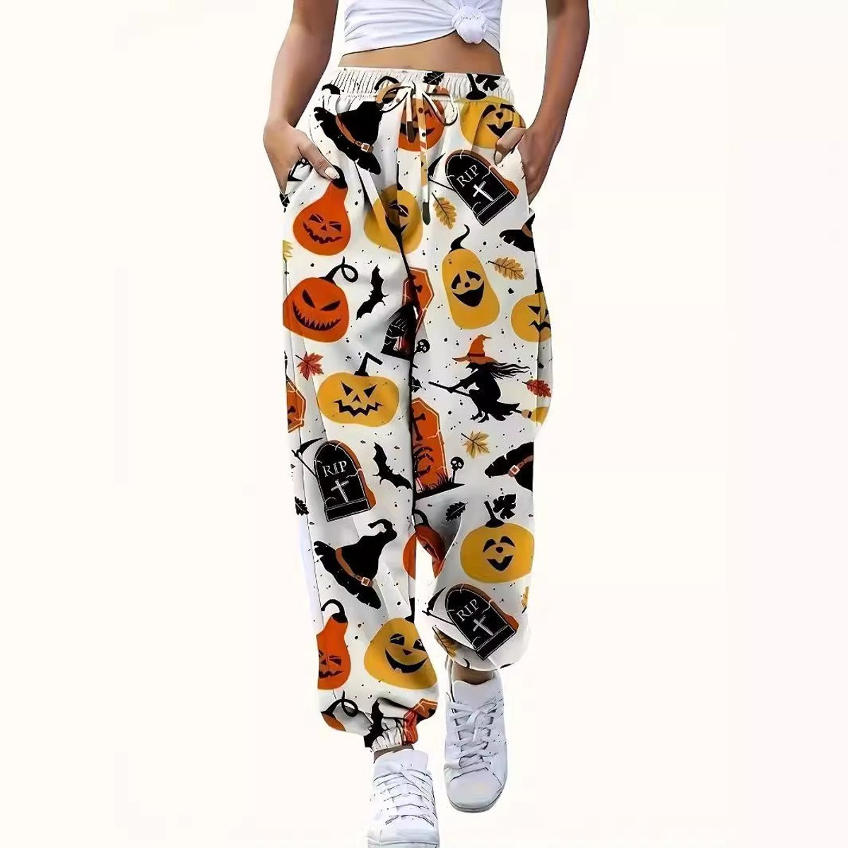 Halloween print jogger pants in white for women