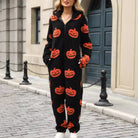 Pumpkin print hooded zip jumpsuit in black for women