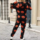 Pumpkin print hooded zip jumpsuit in black for women