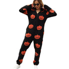 Pumpkin print hooded zip jumpsuit in black for women