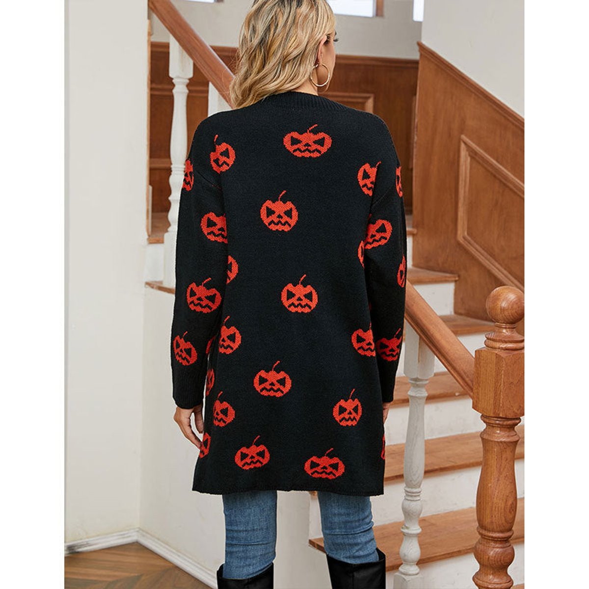 Pumpkin print longline open cardigan in black for women
