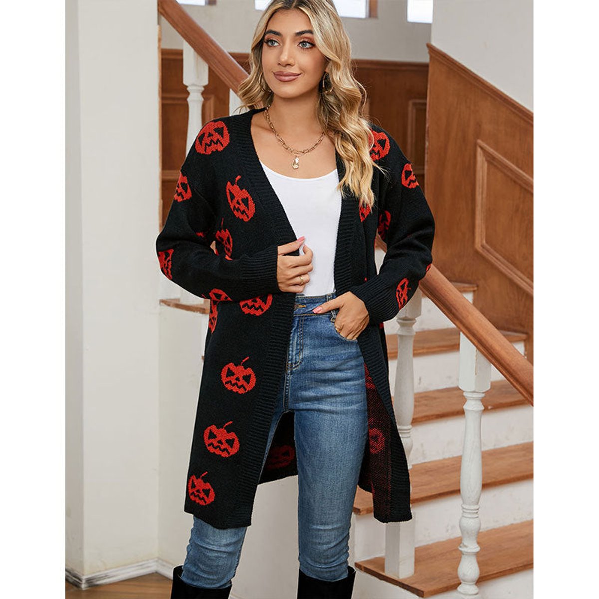 Pumpkin print longline open cardigan in black for women