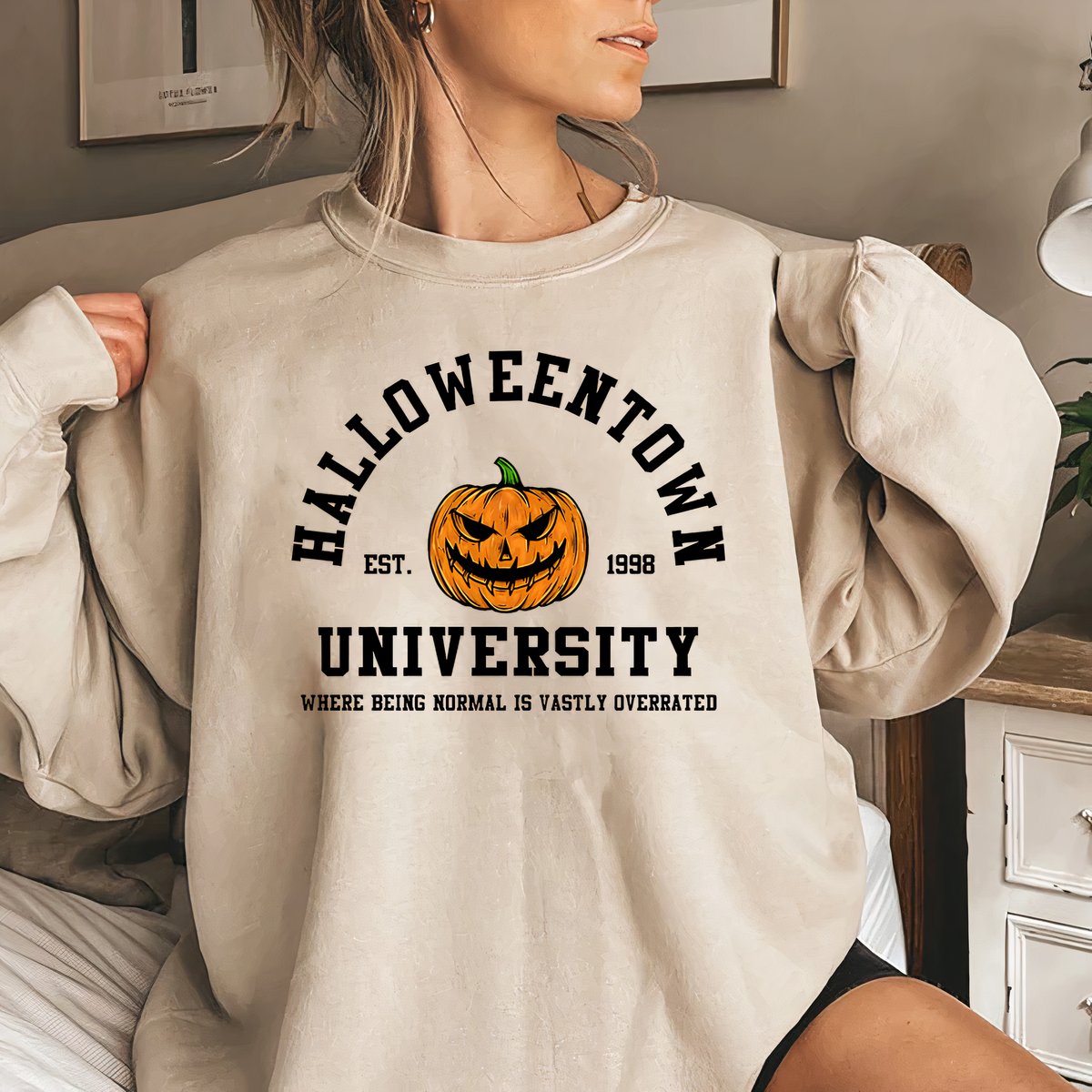 Varsity pumpkin Halloween sweatshirt in khaki for women