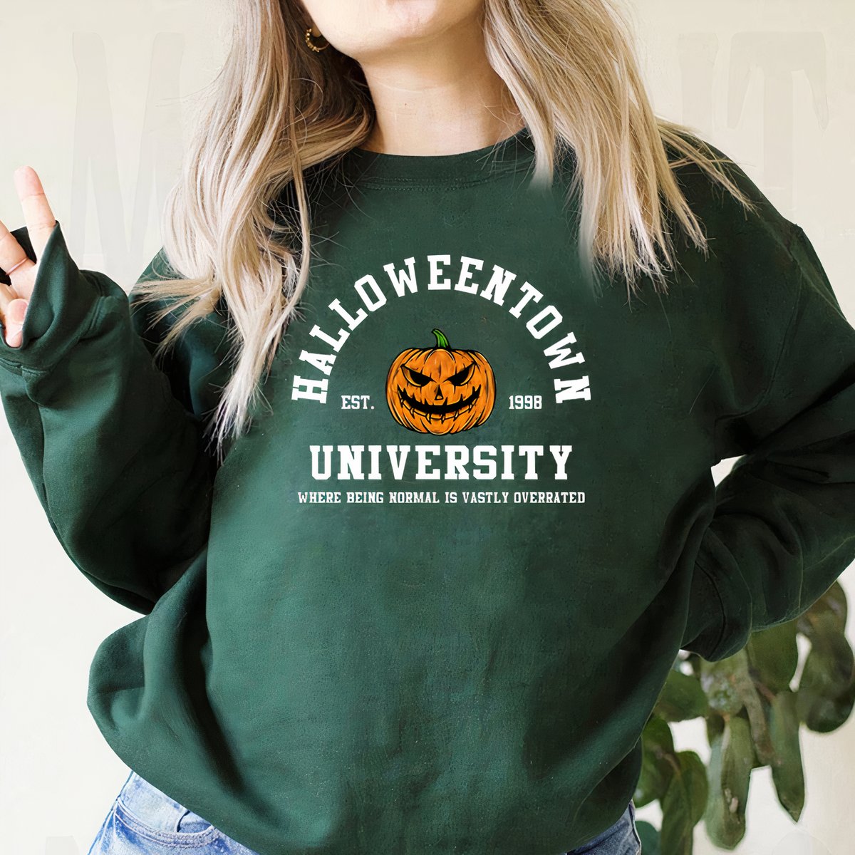 Varsity pumpkin Halloween sweatshirt in dark green for women