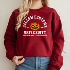 Varsity pumpkin Halloween sweatshirt in burgundy for women