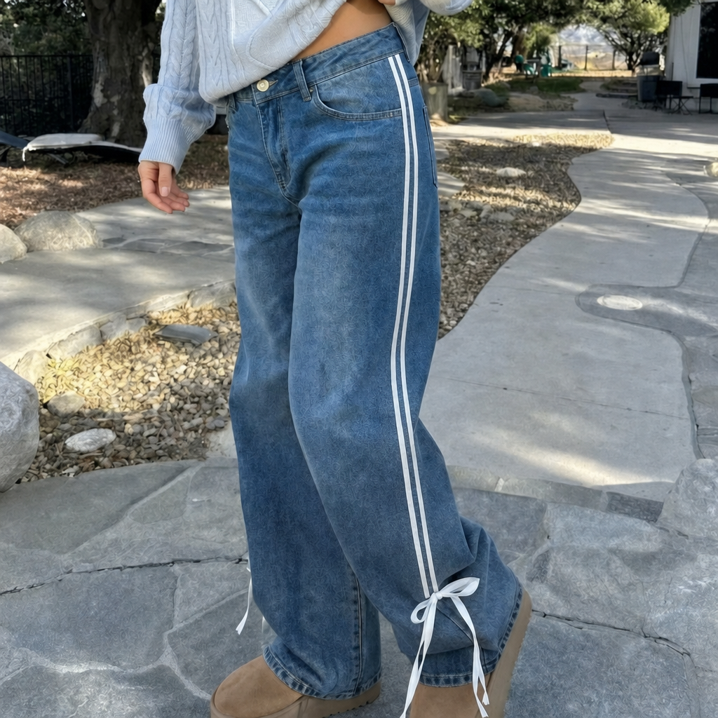 Side stripe wide leg jeans for women