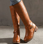 Buckle strap leather riding boots for women