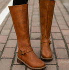 Buckle strap leather riding boots for women