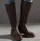 Buckle strap leather riding boots for women
