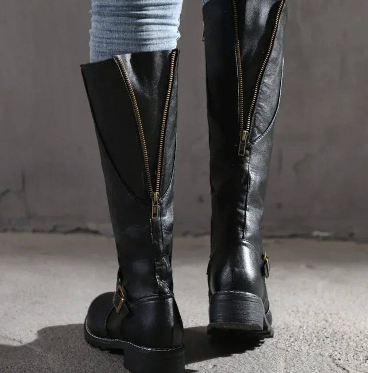 Buckle strap leather riding boots for women
