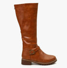Buckle strap leather riding boots for women