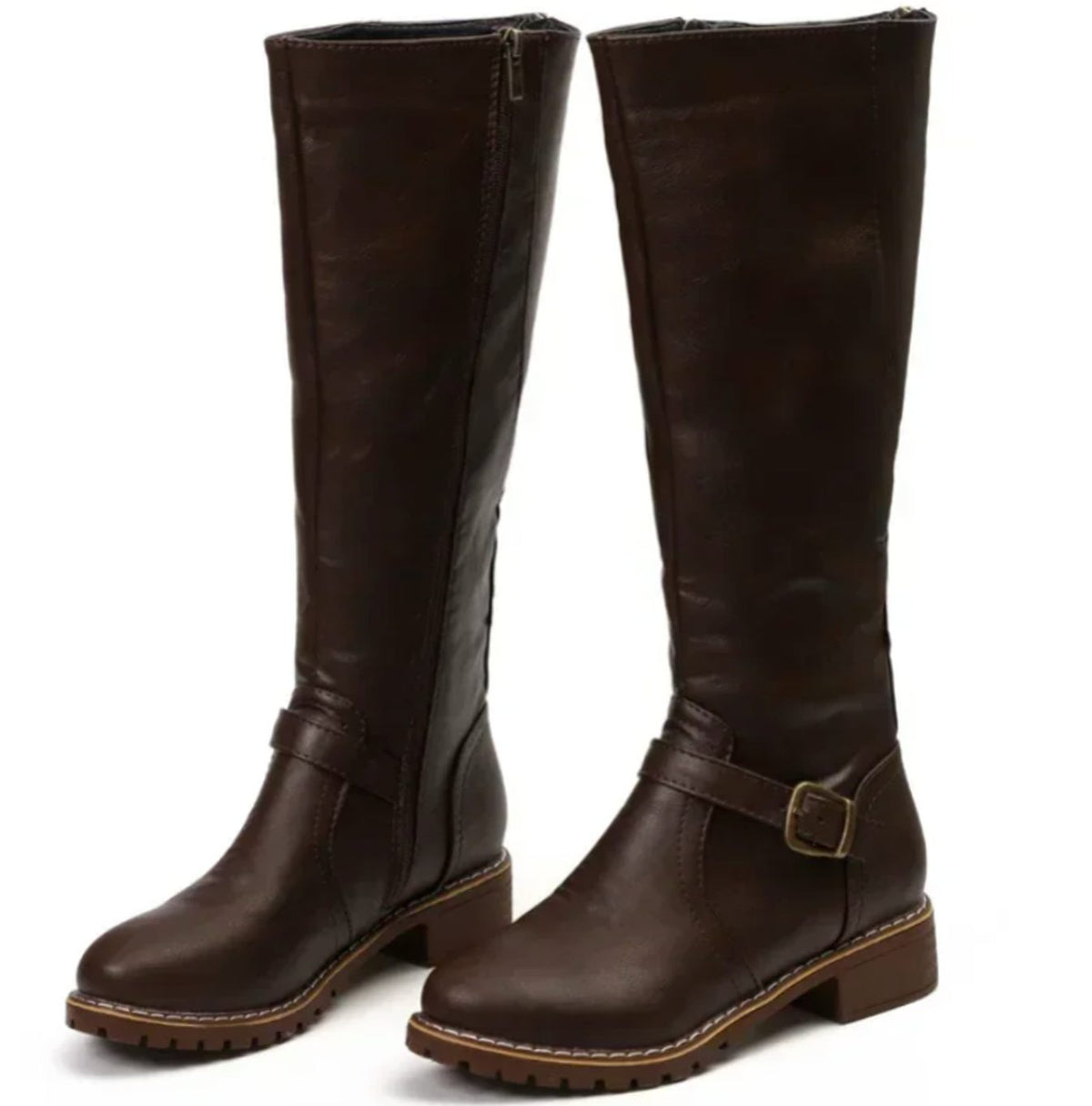 Buckle strap leather riding boots for women