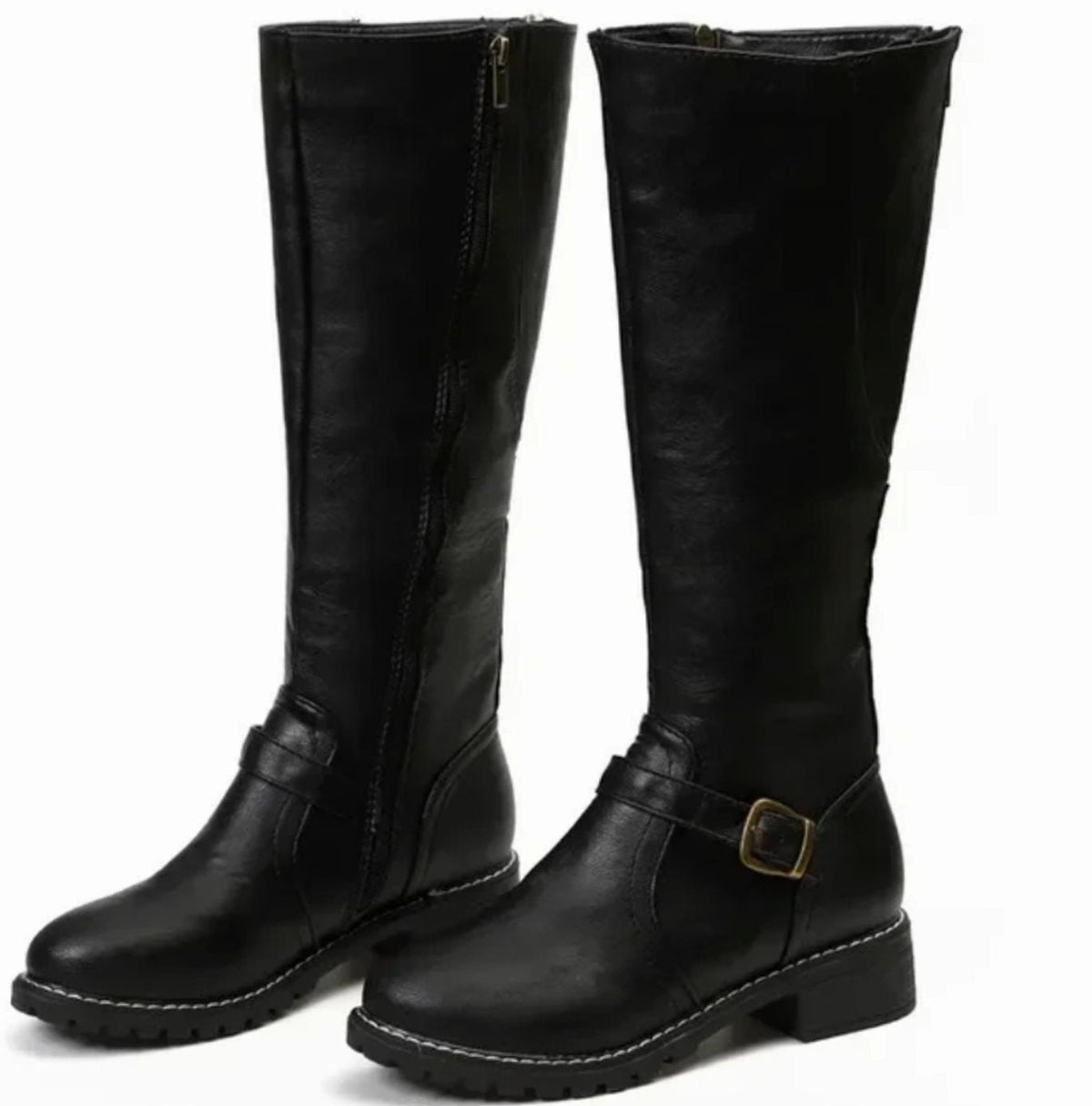 Buckle strap leather riding boots for women
