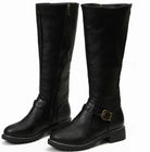 Buckle strap leather riding boots for women