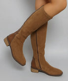 Light brown suede-look block heel riding boots for women
