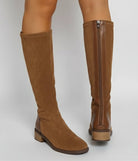 Light brown suede-look block heel riding boots for women