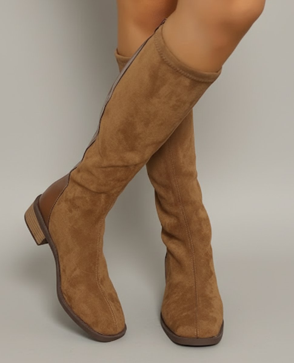 Light brown suede-look block heel riding boots for women
