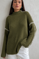 Chunky mock neck sweater in army green, black and grey for women