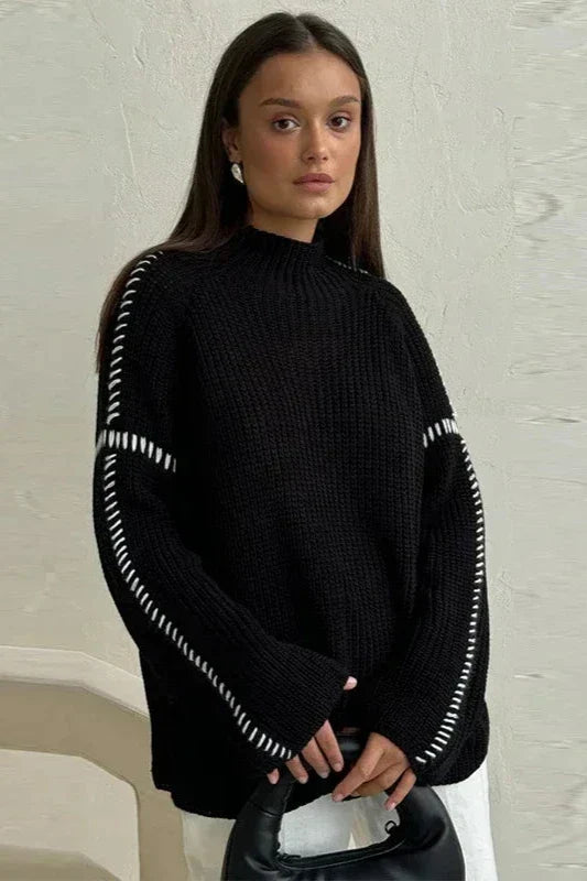 Chunky mock neck sweater in army green, black and grey for women