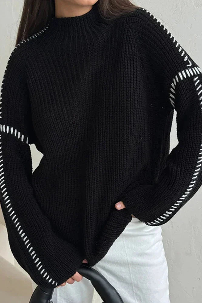 Chunky mock neck sweater in army green, black and grey for women