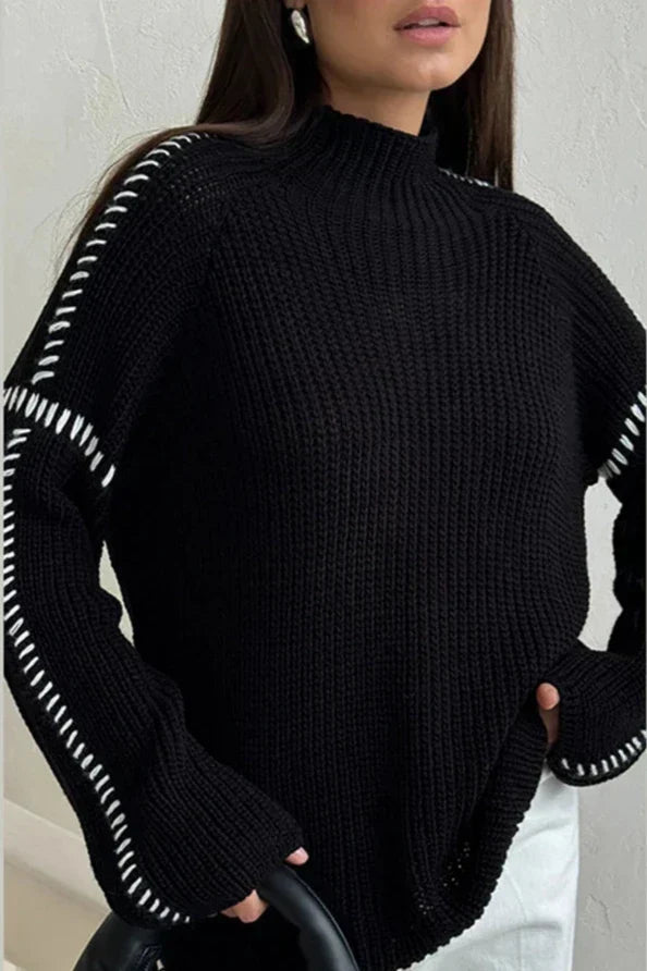 Chunky mock neck sweater in army green, black and grey for women
