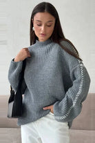 Chunky mock neck sweater in army green, black and grey for women