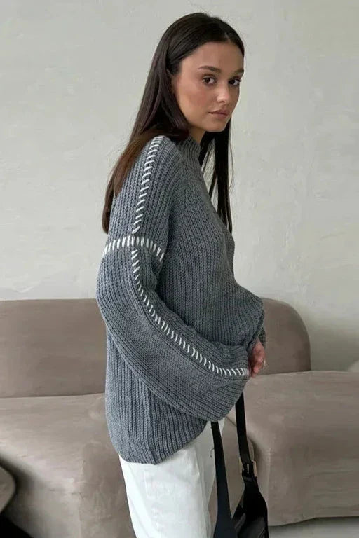 Chunky mock neck sweater in army green, black and grey for women