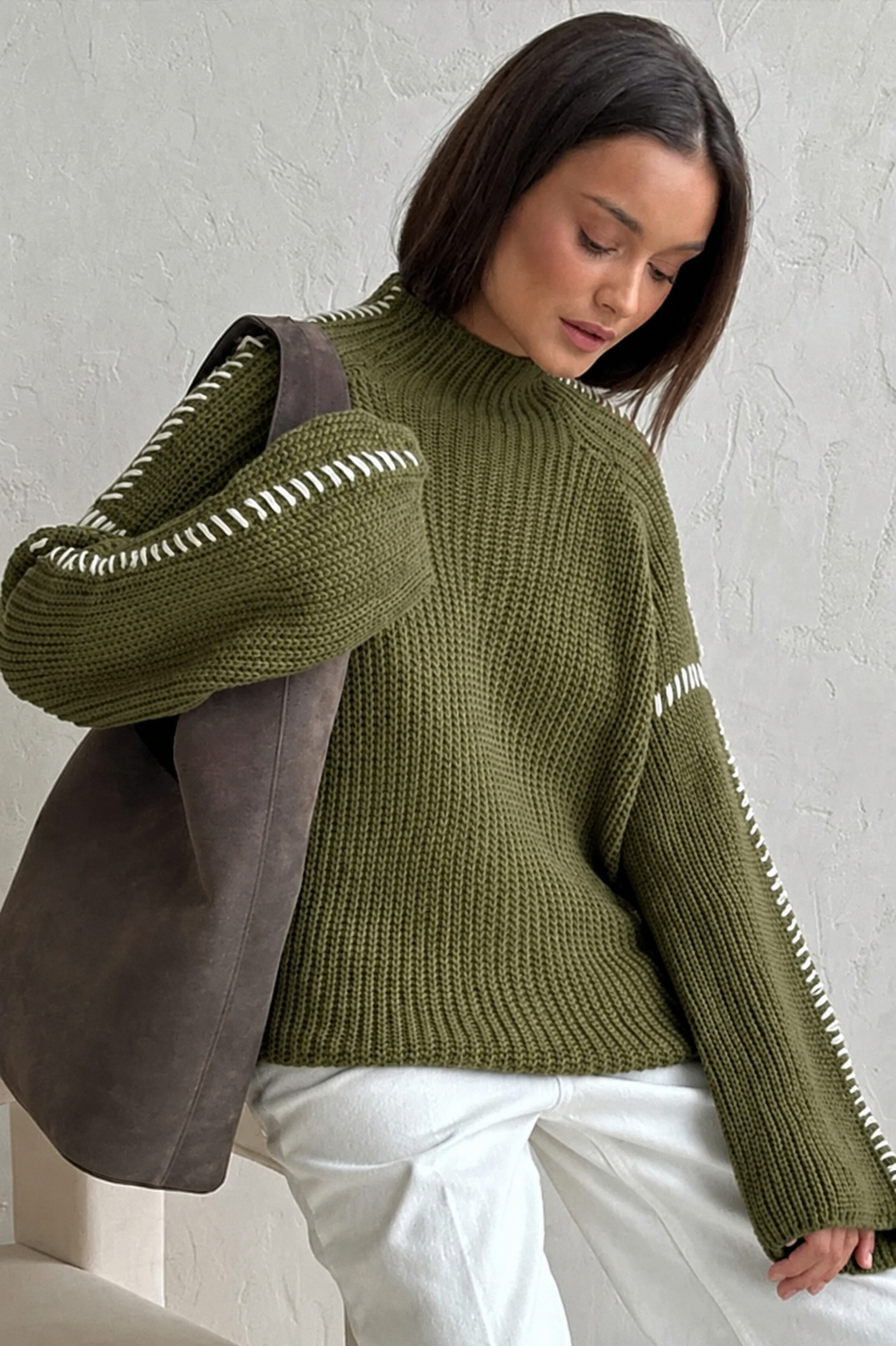Chunky mock neck sweater in army green, black and grey for women