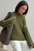 Chunky mock neck sweater in army green, black and grey for women