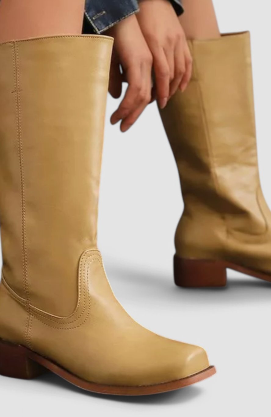 Square toe tall boots in brown, black, yellow or light brown for women