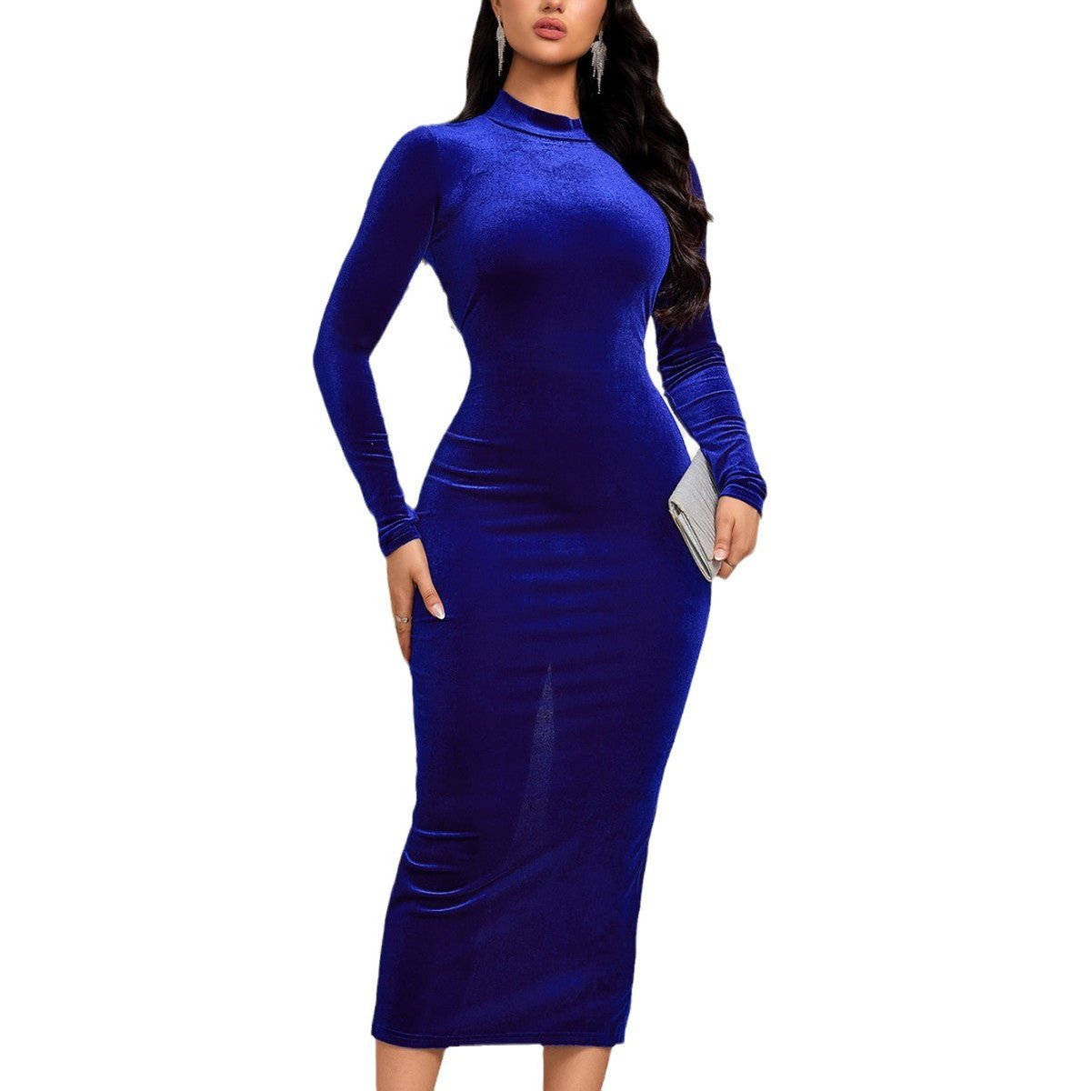 Blue velvet midi dress with mock neck for women