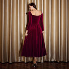 Wine red velvet midi dress with corset waist for women