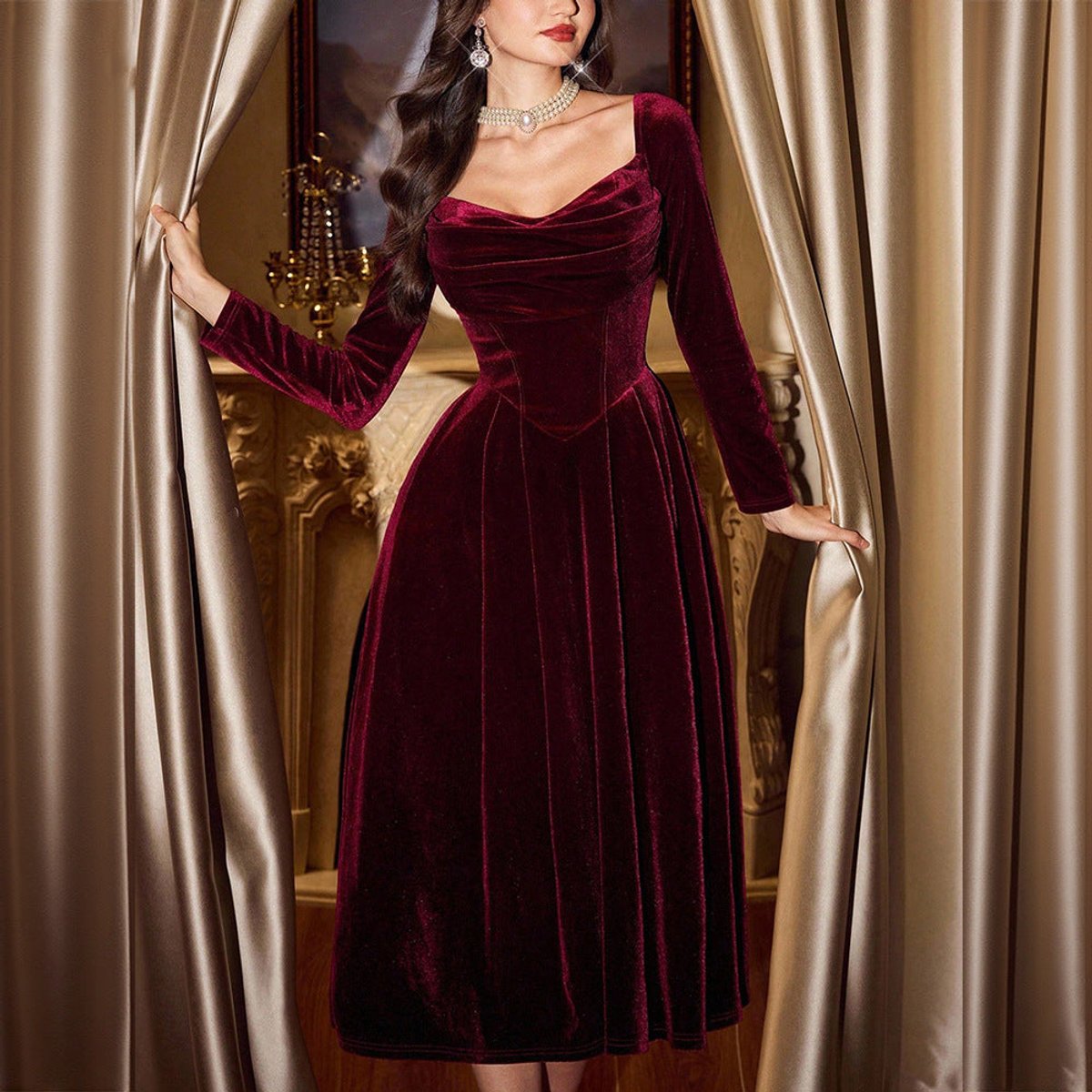 Wine red velvet midi dress with corset waist for women