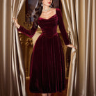 Wine red velvet midi dress with corset waist for women