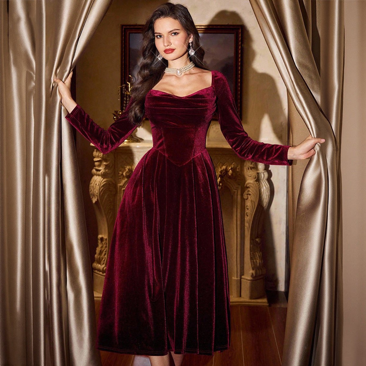 Wine red velvet midi dress with corset waist for women