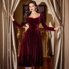 Wine red velvet midi dress with corset waist for women